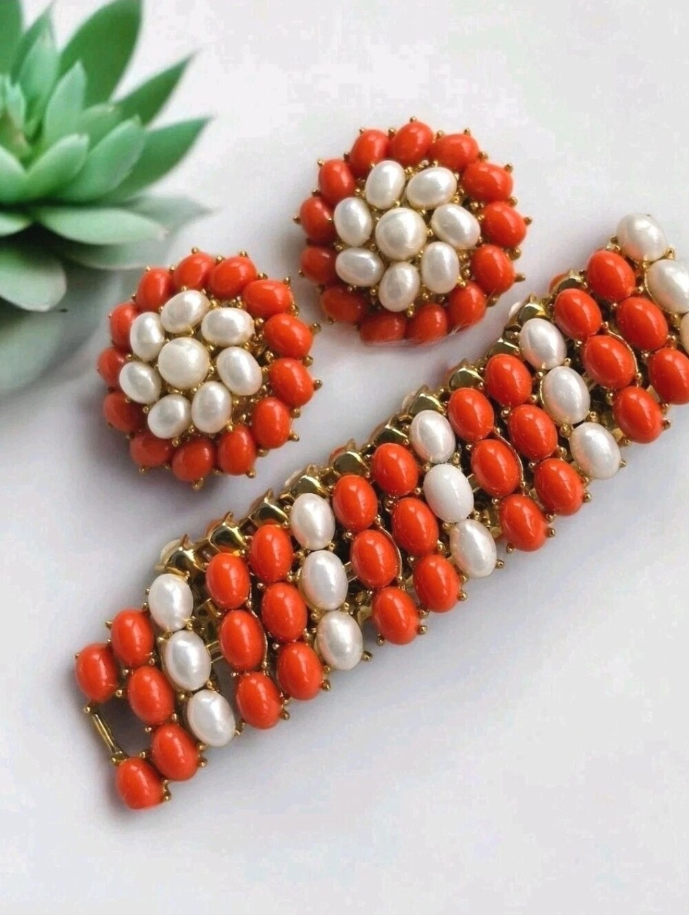 Vintage Signed Crown Trifari Faux Coral & Pearl Cabochon Bracelet & Earrings Set
